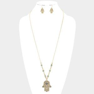 Hand  of Fatima Neckalce Gold Tone Antique finnish with Fatima Hamsa Earrings